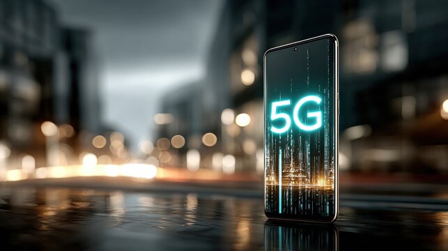 Smartphone displaying 5G technology against a city street background