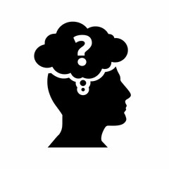 Conceptual Black Silhouette of Human Head with Question Mark in Thought Bubble – Representing Deep Thought, Inquiry, Problem-Solving, Ideation, and Mental Processing Icon