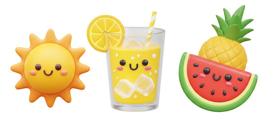 3D cute cartoon sun, juice and watermelon summer character set isolated on transparent background, PNG file add