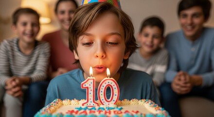 A young boy blows out candles on a birthday cake, celebrating a milestone.