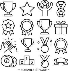 Editable stroke line icons of award, trophy, star, winner, champion, medal, ribbon, achievement, success, prize, recognition, honor, celebration, gift, applause, rank, black icon pack