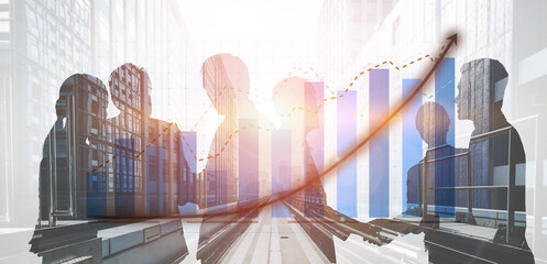 This image captures a professional business meeting with team silhouettes against a growth graph...