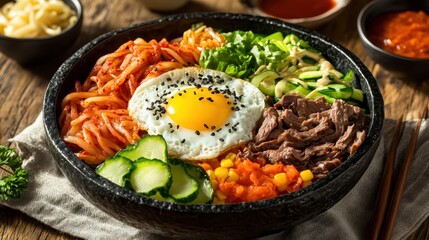 Colorful Bibimbap Bowl with Egg and Fresh Vegetables on Table