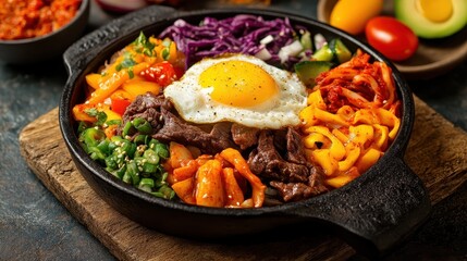 Colorful Bibimbap in Cast Iron Pan with Fried Egg and Vegetables