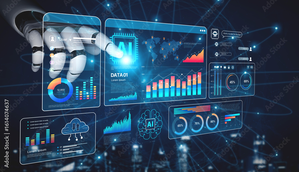 Poster ai brain processes big data with generative ai, llms, and machine learning to support business decis