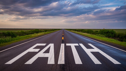 Open road with faith message against stunning sunset sky and green landscape