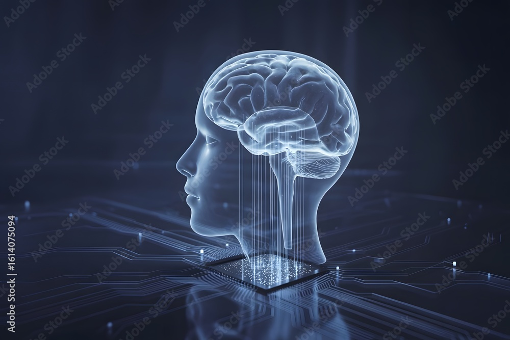 Poster futuristic hologram of a human head with a visible brain, illustrating artificial intelligence and n