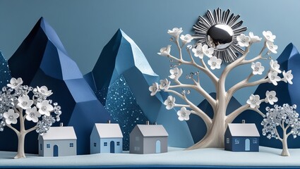 Minimalist Winter Art: Abstract Mountains, Charming Homes, and Shimmering Frosty Trees