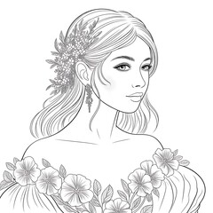 Elegant woman with floral headband and earrings, ready for coloring.