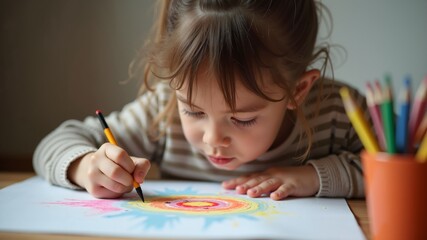 Young Latin American child engaging in creative drawing activity at home

