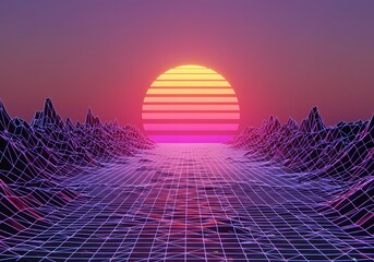 Retro Vaporwave Sunset Landscape 80s Aesthetic Digital Art, Mountains, Grid, Neon Sunrise, Futuristic Design.
