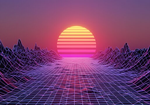 Retro Vaporwave Sunset Landscape 80s Aesthetic Digital Art, Mountains, Grid, Neon Sunrise, Futuristic Design.
