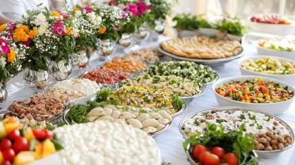 Colorful Buffet Table with Assorted Dishes and Fresh Flowers Decor