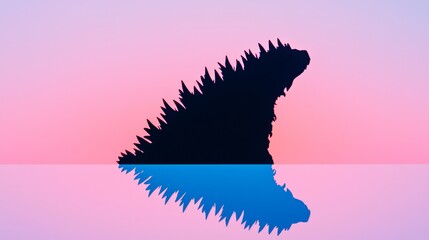 Surreal Sunset Silhouette of a Monster with Calm Water Reflection in Vibrant Colors