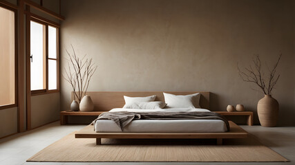 A bedroom with a white bed and a brown vase on a table