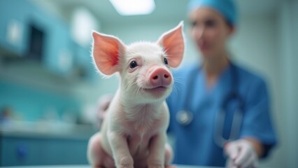 piglet with alert expression sits in veterinary clinic. Blurred medical professional in blue uniform in background