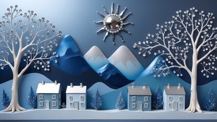 Frozen Fantasy Land: A Picturesque Scene of Quilted Hills and a Sparkling Snowflake Sun
