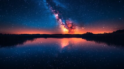 Naklejka premium Milky way reflection on calm lake