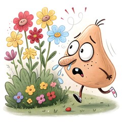 Cartoon Character Running from Flowers with Watery Eyes and Runny Nose