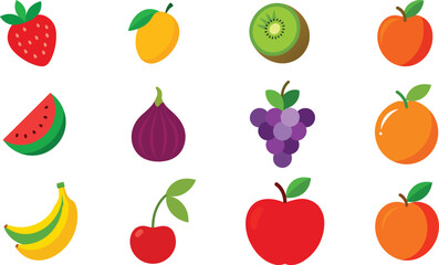 Set of Colorful fruits vector. Editable eps file illustration Apple, Bananas, Cherry, Fig, Grapes, Kiwi, mango, Nectarine, Orange, Strawberry, Tomato, Watermelon