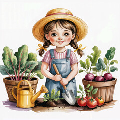 Whimsical Watercolor Illustration of Little Girl Gardener with Vegetables