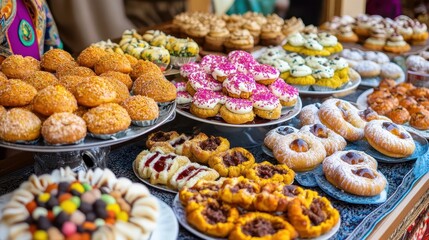 Fototapeta premium Colorful Display of Assorted Pastries and Sweets at Bakery Shop