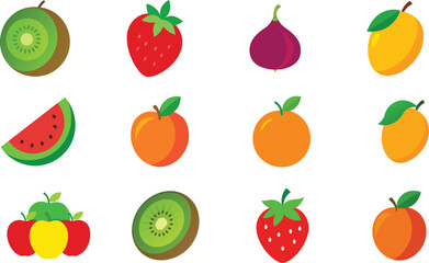 Set of Colorful fruits vector. Editable eps file illustration Apple, Bananas, Cherry, Fig, Grapes, Kiwi, mango, Nectarine, Orange, Strawberry, Tomato, Watermelon