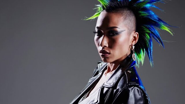 Edgy portrait of a woman with a vibrant mohawk and leather jacket in a studio. Her intense gaze enhances the image's impact.