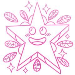 Cute Pink Star Character Surrounded by Sparkling Stars and Decorative Leaves doodle planner Transparent