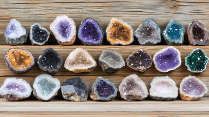 Vibrant Geodes: Collection of Colorful Crystals Displayed on Rustic Wooden Shelves