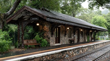 Stone train station under a canopy