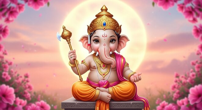 Adorable cartoon illustration of hindu god ganesha with floral elements and a glowing orb