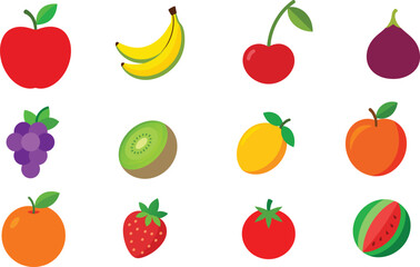 Set of Colorful fruits vector. Editable eps file illustration Apple, Bananas, Cherry, Fig, Grapes, Kiwi, mango, Nectarine, Orange, Strawberry, Tomato, Watermelon