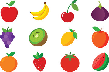 Set of Colorful fruits vector. Editable eps file illustration Apple, Bananas, Cherry, Fig, Grapes, Kiwi, mango, Nectarine, Orange, Strawberry, Tomato, Watermelon
