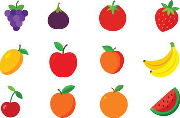 Set of Colorful fruits vector. Editable eps file illustration Apple, Bananas, Cherry, Fig, Grapes, Kiwi, mango, Nectarine, Orange, Strawberry, Tomato, Watermelon