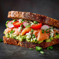 Sandwich featuring avocado and salmon on a dark backdrop with green onions and gluten free grain bread along with radishes and tomatoes cottage cheese copyspace sandwich for takeout healthy fast food
