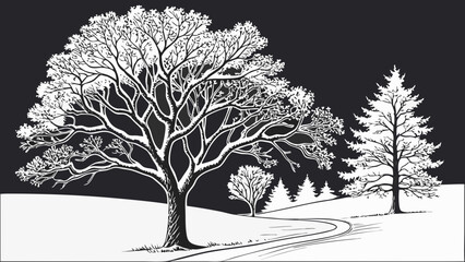 Black and white illustration of trees along winding winter path  