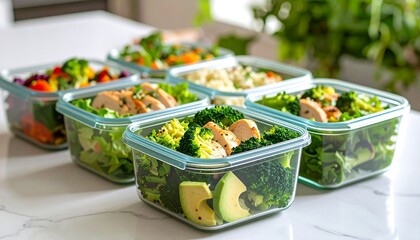 Healthy meal prep containers with various salads and protein