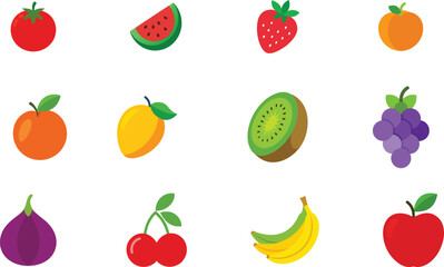 Set of Colorful fruits vector. Editable eps file illustration Apple, Bananas, Cherry, Fig, Grapes, Kiwi, mango, Nectarine, Orange, Strawberry, Tomato, Watermelon