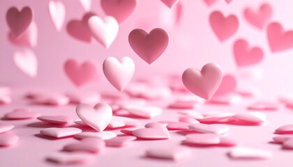 Pink hearts falling on a pink background