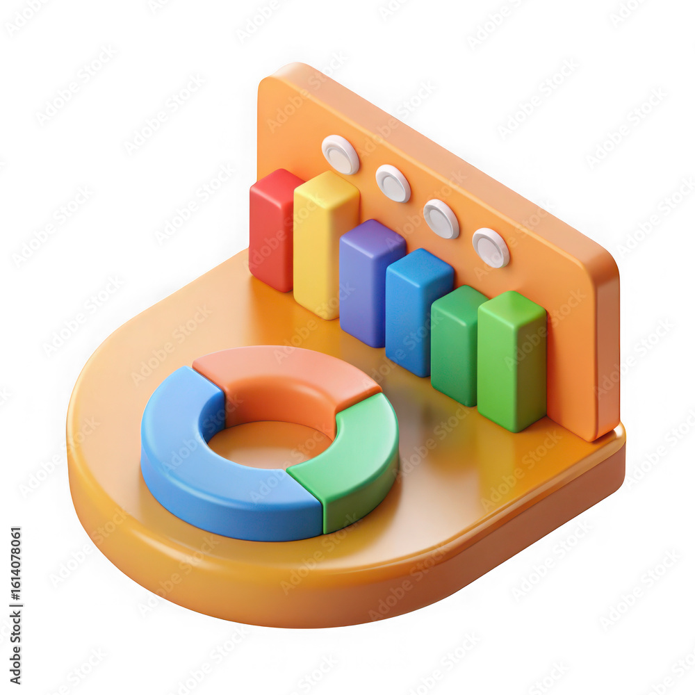 Poster colorful 3d isometric bar chart and pie chart data visualization isolated on transparent background