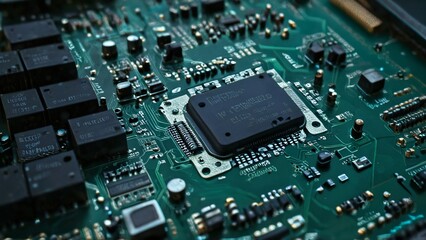 Electronic Circuit Board with Microchips Close-up