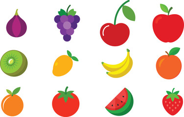 Set of Colorful fruits vector. Editable eps file illustration Apple, Bananas, Cherry, Fig, Grapes, Kiwi, mango, Nectarine, Orange, Strawberry, Tomato, Watermelon