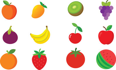 Set of Colorful fruits vector. Editable eps file illustration Apple, Bananas, Cherry, Fig, Grapes, Kiwi, mango, Nectarine, Orange, Strawberry, Tomato, Watermelon