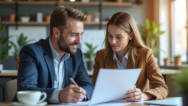 Two coworkers discussing and reviewing documents in an office setting
