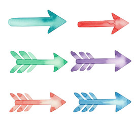 Set of colorful curved watercolor arrows pointing right isolated on white background