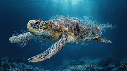 Obraz premium Marine turtle entangled in discarded plastic netting underwater with coral reef and sunlight streaming above