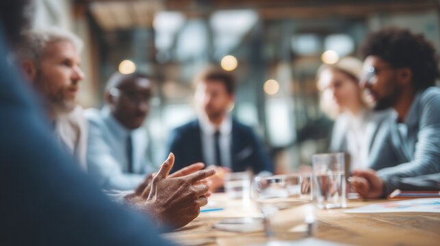 Business meeting with diverse professionals around conference table.  Group of executives discussing plans in modern corporate setting - Powered by Adobe