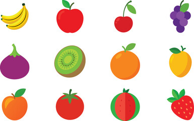 Set of Colorful fruits vector. Editable eps file illustration Apple, Bananas, Cherry, Fig, Grapes, Kiwi, mango, Nectarine, Orange, Strawberry, Tomato, Watermelon