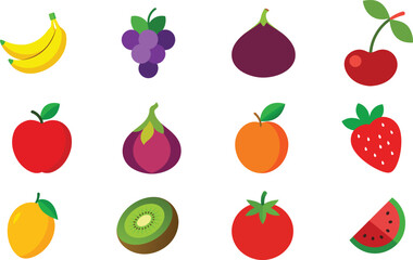 Set of Colorful fruits vector. Editable eps file illustration Apple, Bananas, Cherry, Fig, Grapes, Kiwi, mango, Nectarine, Orange, Strawberry, Tomato, Watermelon